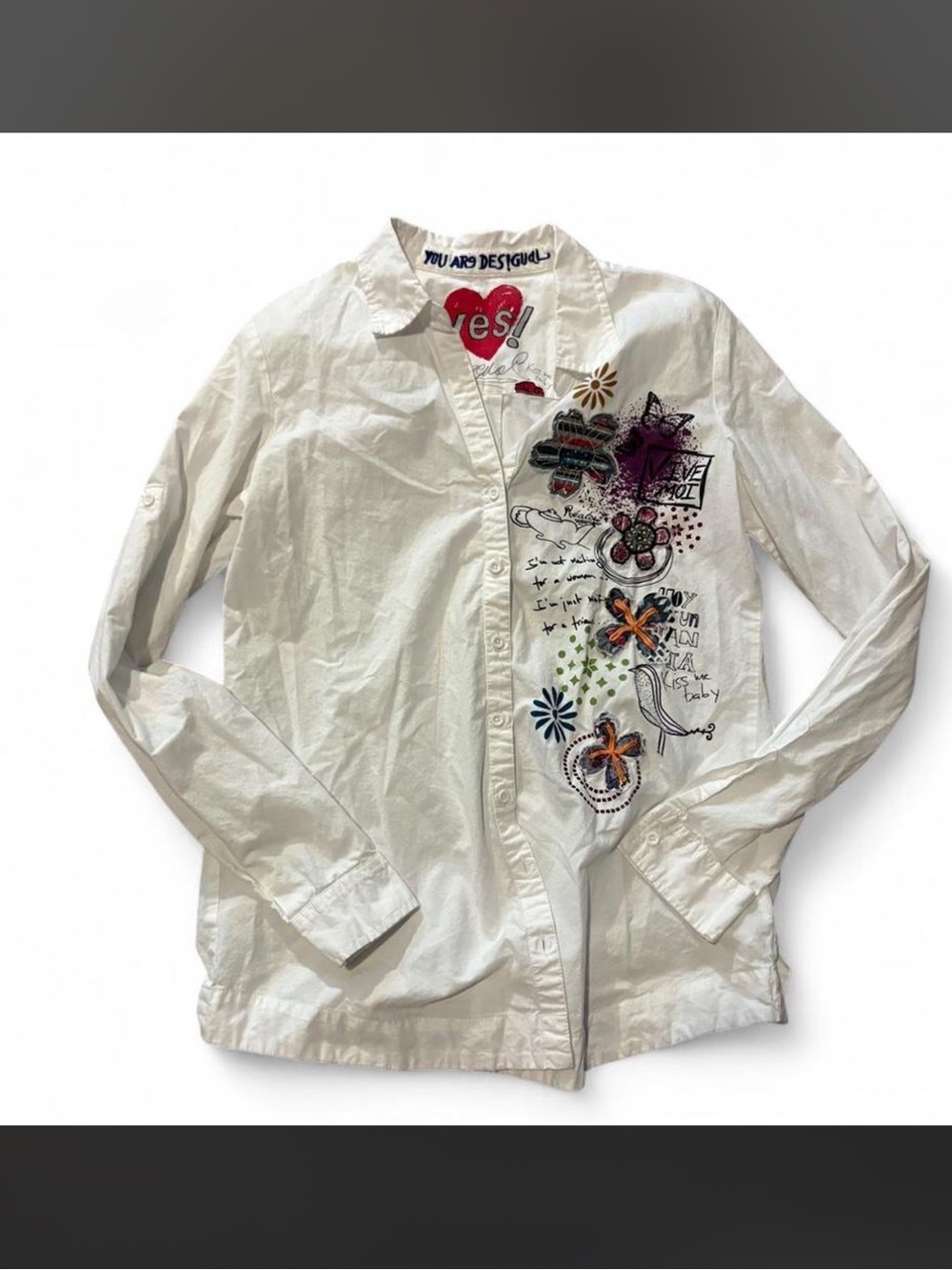 Y2K Desigual White Embroidered Button-Down Shirt XS